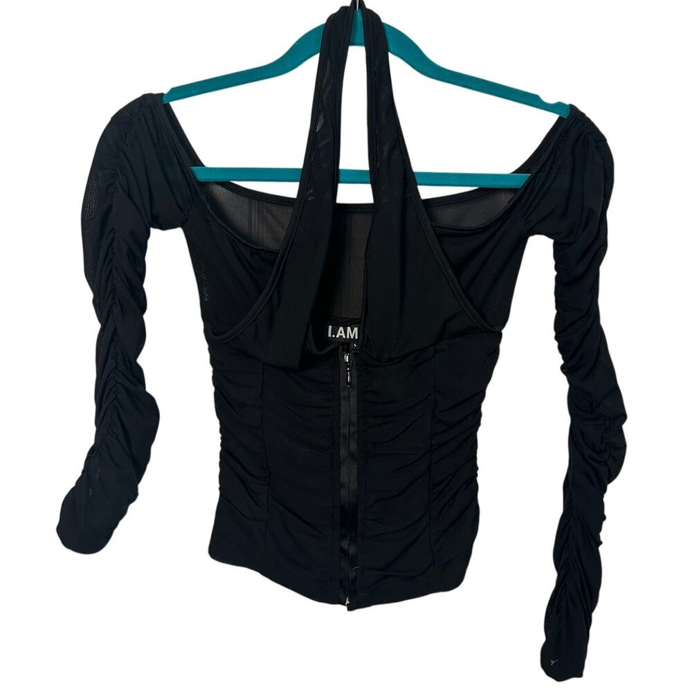 I.AM.GIA Diego Black Halter Top Mesh Arm Sleeves Size XS Zip Front Ruched